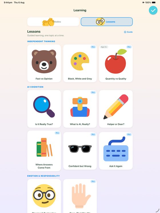 The Lessons catalogue on iPad, showing the Independent Thinking, AI Cognition and Emotion & Responsibility tracks