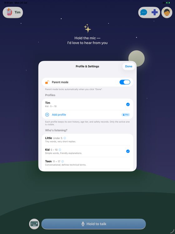 Parent mode and profiles on iPad, in the night theme