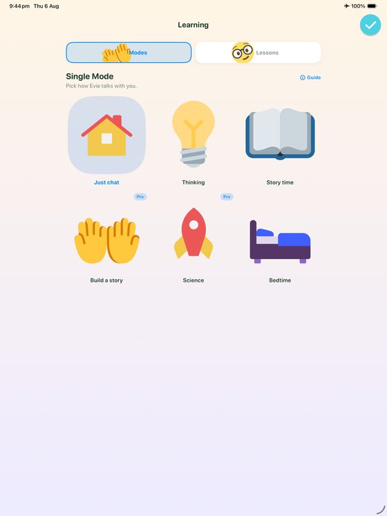 The modes picker on iPad: Just chat, Thinking, Story time, Build a story, Science and Bedtime