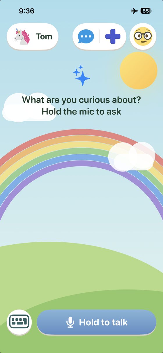 Evie home screen on iPhone with a rainbow backdrop and a Hold to talk button, in airplane mode