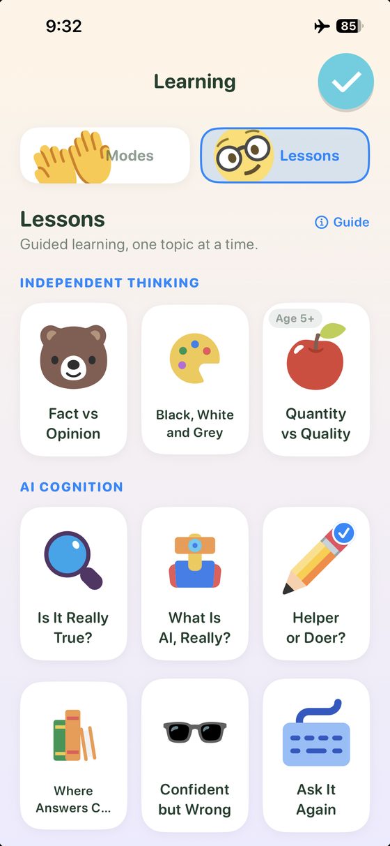 The Lessons catalogue showing the Independent Thinking and AI Cognition tracks