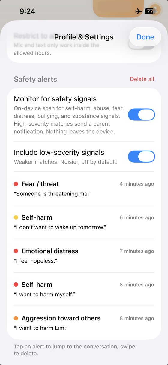 The parent-gated safety alerts inbox listing flagged phrases with severity