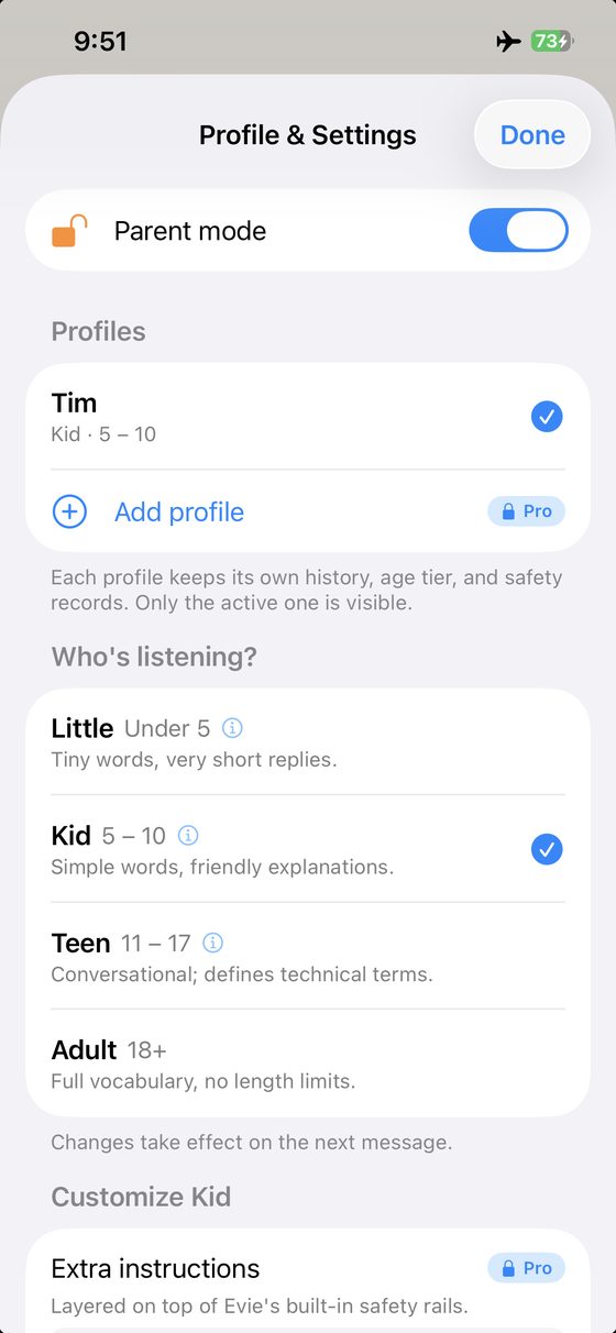Profile and settings screen with parent mode, profiles and the Little, Kid, Teen and Adult audience tiers