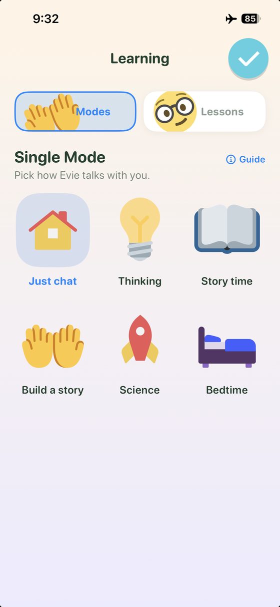 The modes picker: Just chat, Thinking, Story time, Build a story, Science and Bedtime
