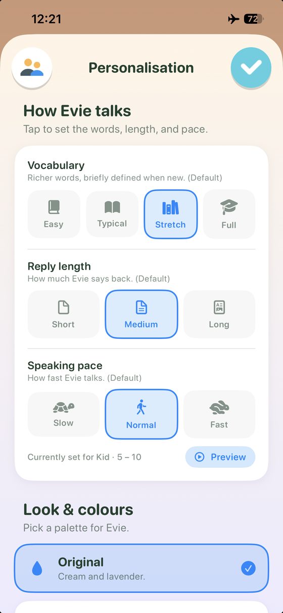 Personalisation controls for vocabulary, reply length and speaking pace
