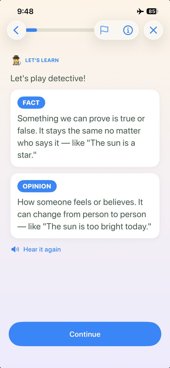A lesson in progress explaining the difference between a fact and an opinion